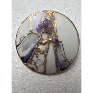 Vintage Liv Bjordal Signed & Amethyst Gold Abstract Purple & White Brooch- 2 in